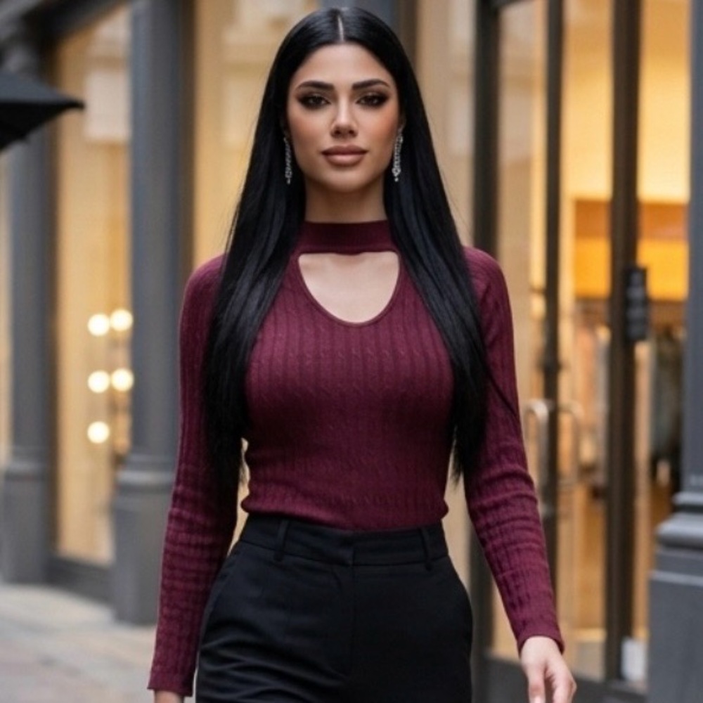2 for $30 ✅Chic Cutout Ribbed Long-Sleeve Top in Wine - Picture 9 of 16
